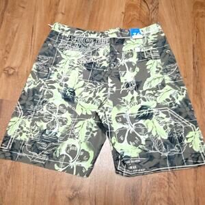 Vintage Hawaiian Map Board Shorts Wanderwall Green Floral Print 36
